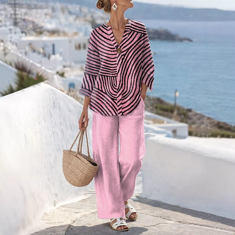 Ensemble deux pièces femme rayé avec pantalon large fluide