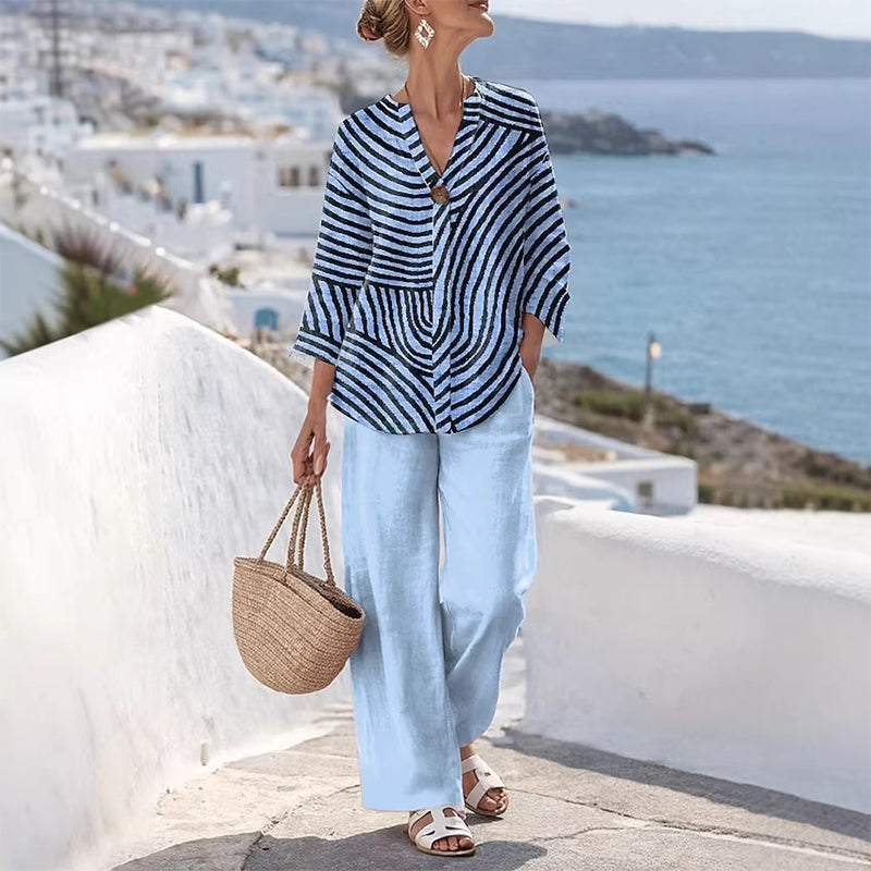 Ensemble deux pièces femme rayé avec pantalon large fluide
