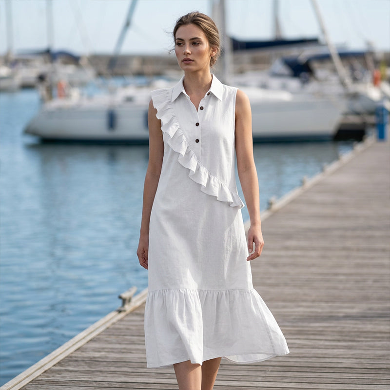 Robe longue femme à volants asymétriques et col polo