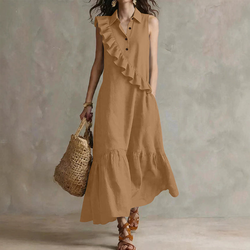 Robe longue femme à volants asymétriques et col polo