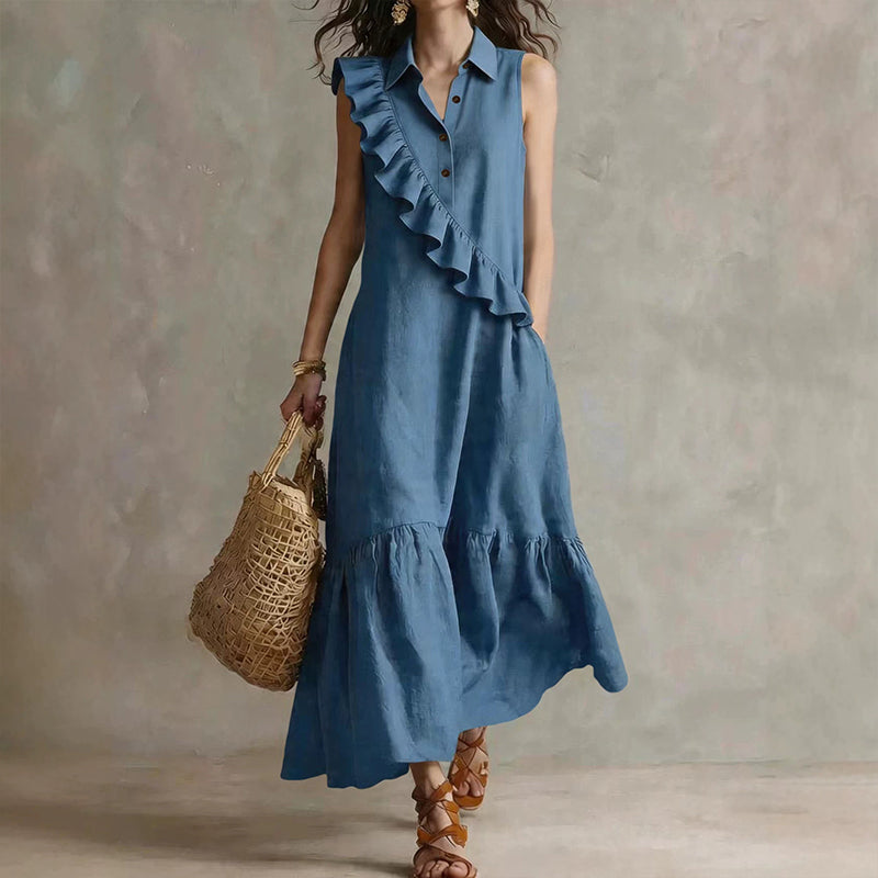 Robe longue femme à volants asymétriques et col polo