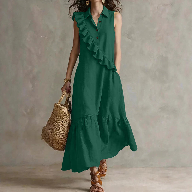 Robe longue femme à volants asymétriques et col polo