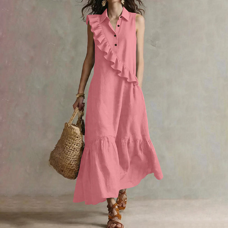 Robe longue femme à volants asymétriques et col polo