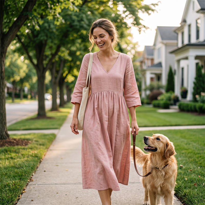 Robe longue femme fluide à col V et manches trois-quarts