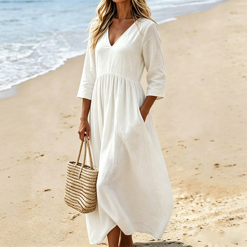 Robe longue femme fluide à col V et manches trois-quarts