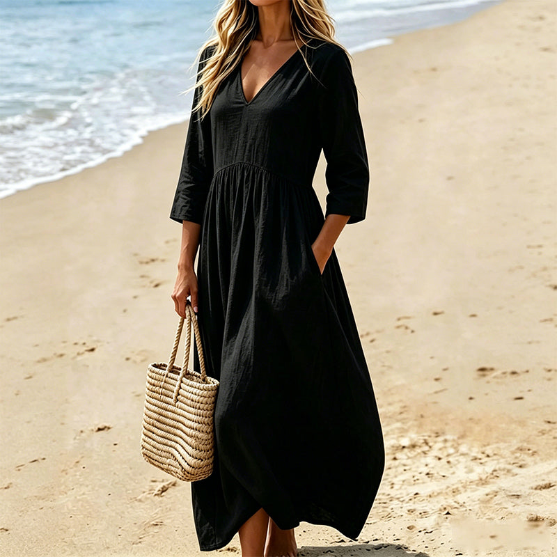 Robe longue femme fluide à col V et manches trois-quarts