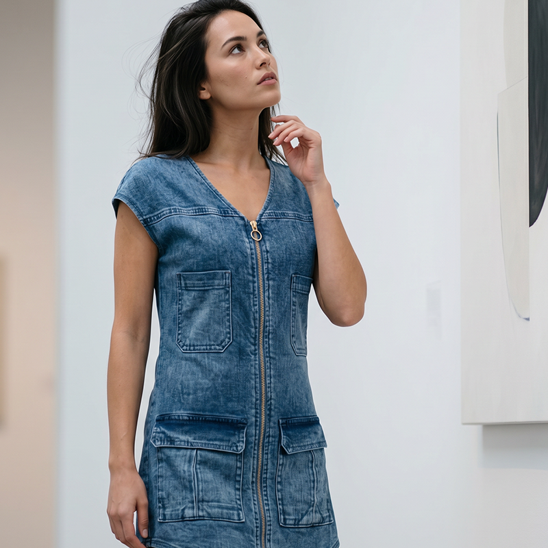 Robe courte femme effet denim zippée avec poches