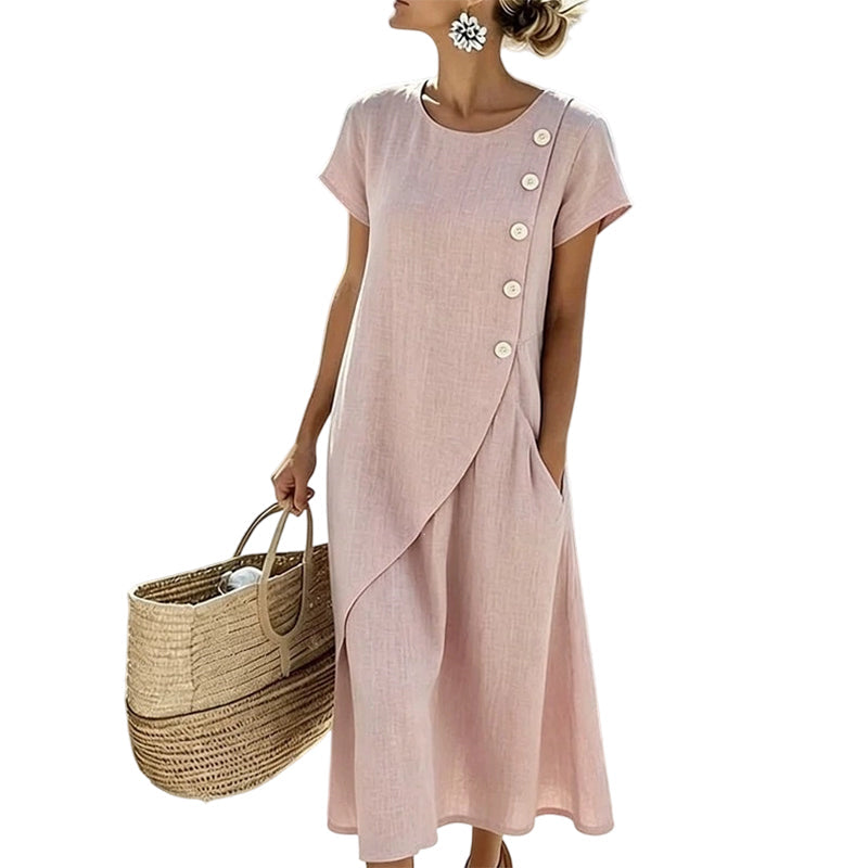 Robe midi femme en coton-lin avec boutons asymétriques