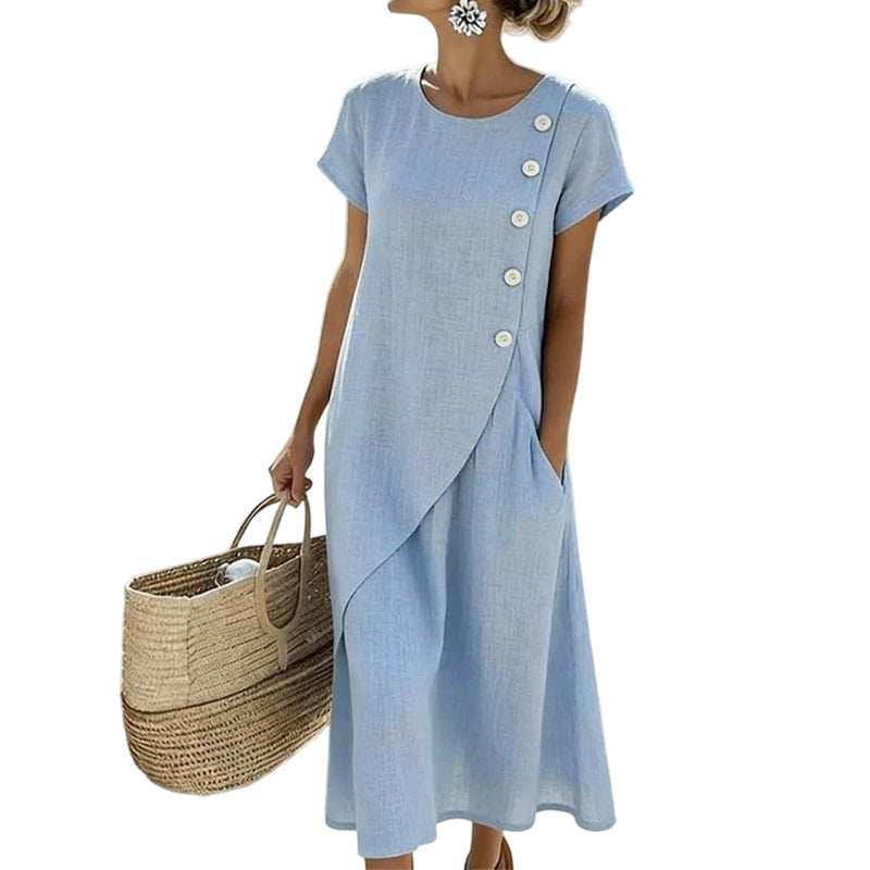 Robe midi femme en coton-lin avec boutons asymétriques