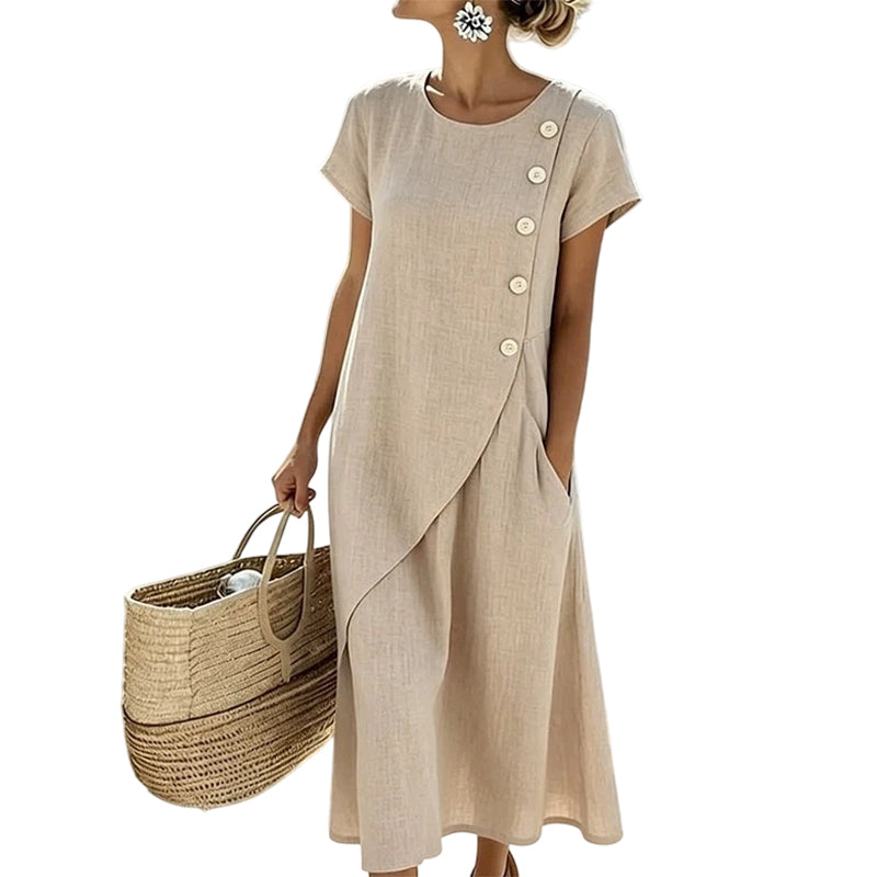 Robe midi femme en coton-lin avec boutons asymétriques