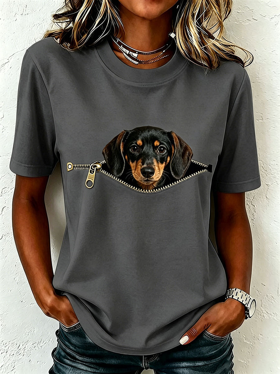 T-shirt femme en coton avec motif teckel zippé