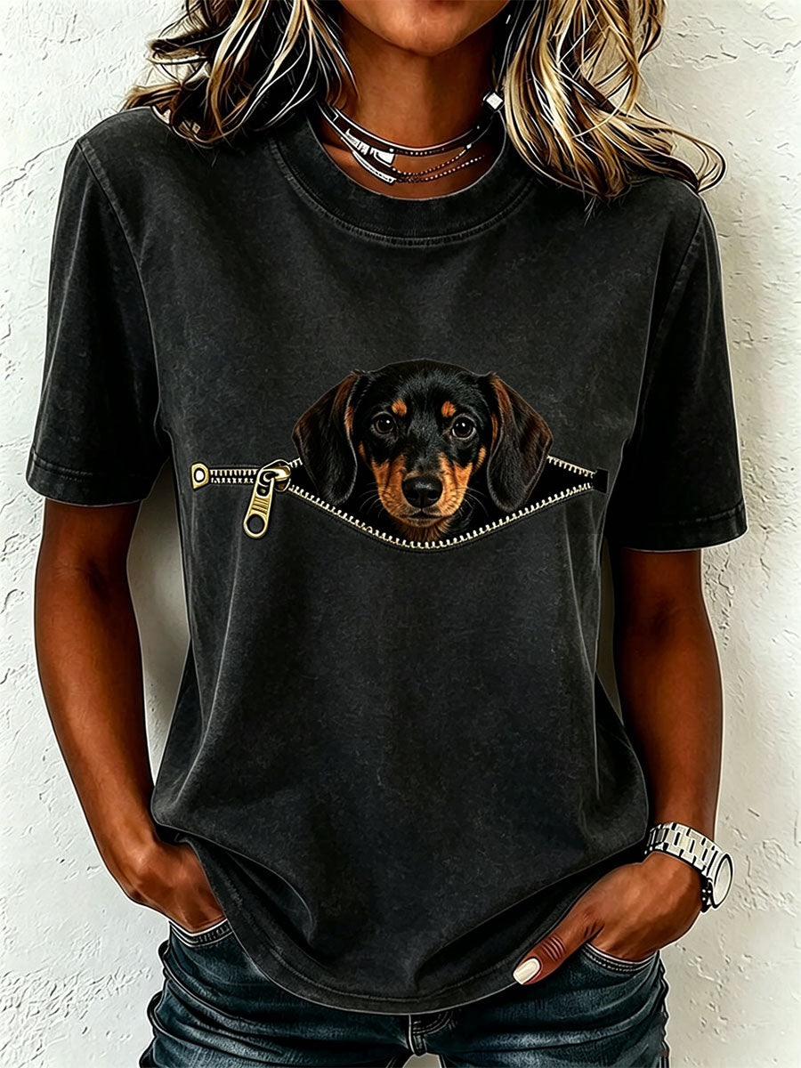 T-shirt femme en coton avec motif teckel zippé