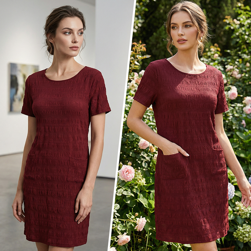 Robe femme texturée à poches et coupe droite confortable