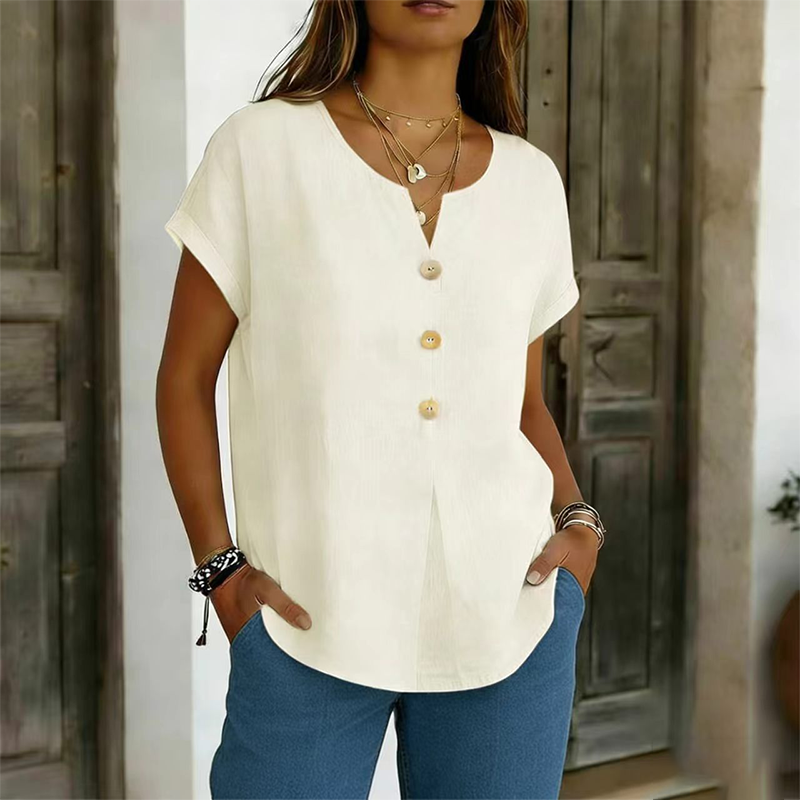 T-shirt femme col V avec boutons décoratifs