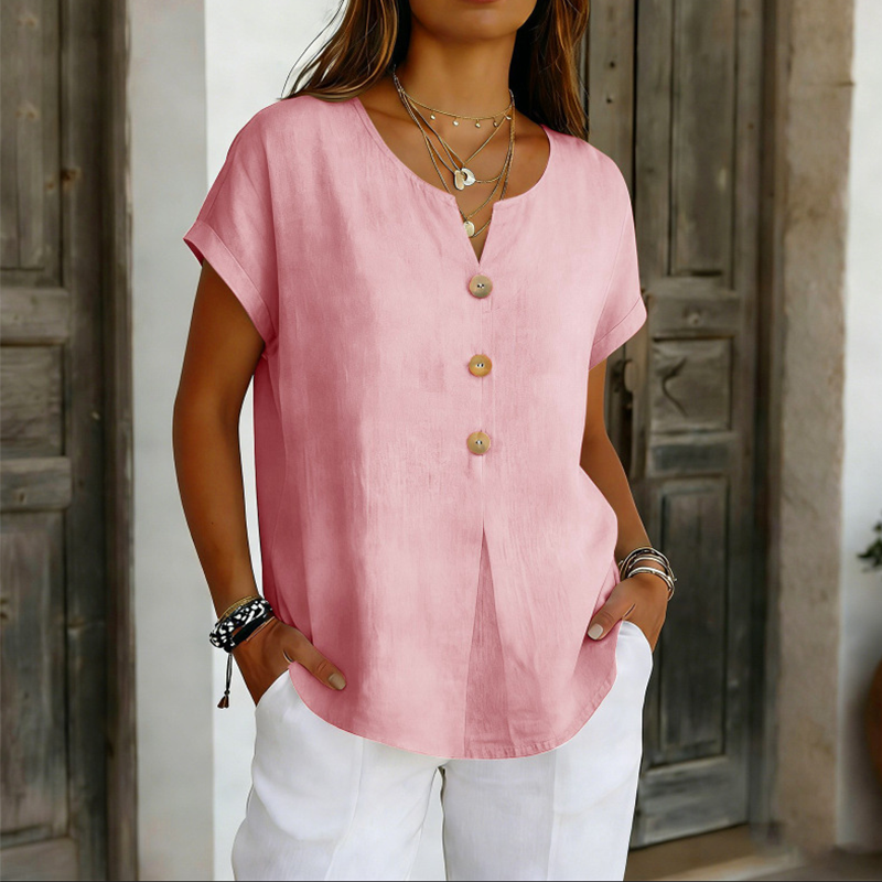 T-shirt femme col V avec boutons décoratifs