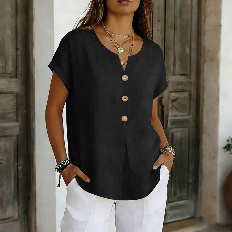 T-shirt femme col V avec boutons décoratifs