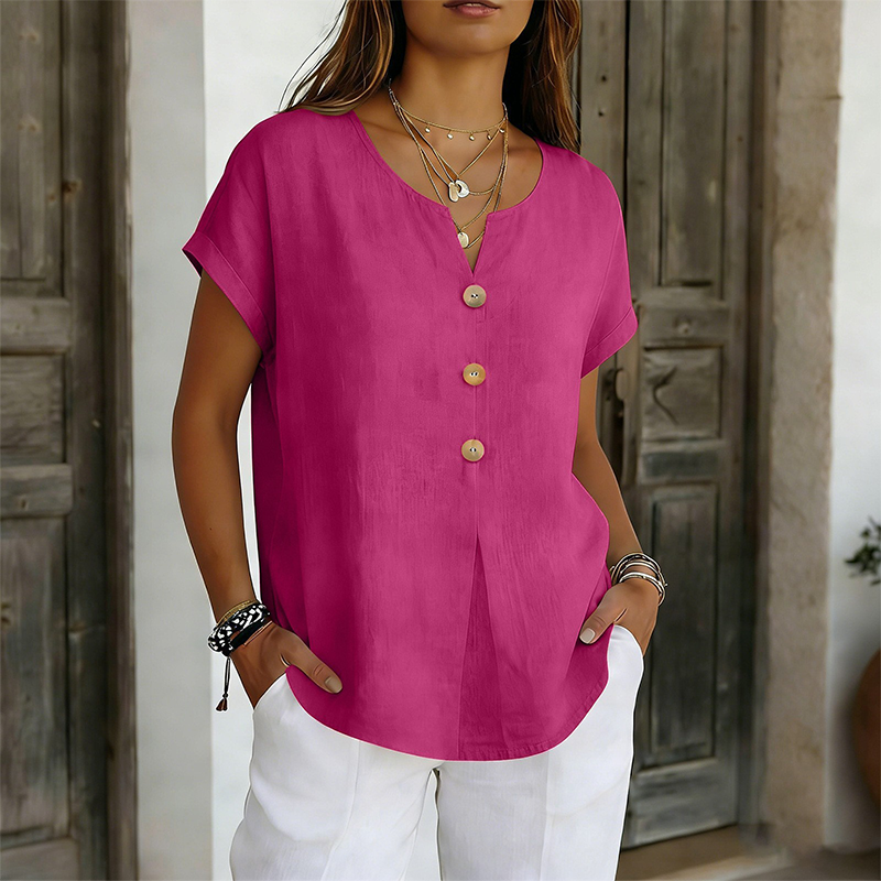 T-shirt femme col V avec boutons décoratifs