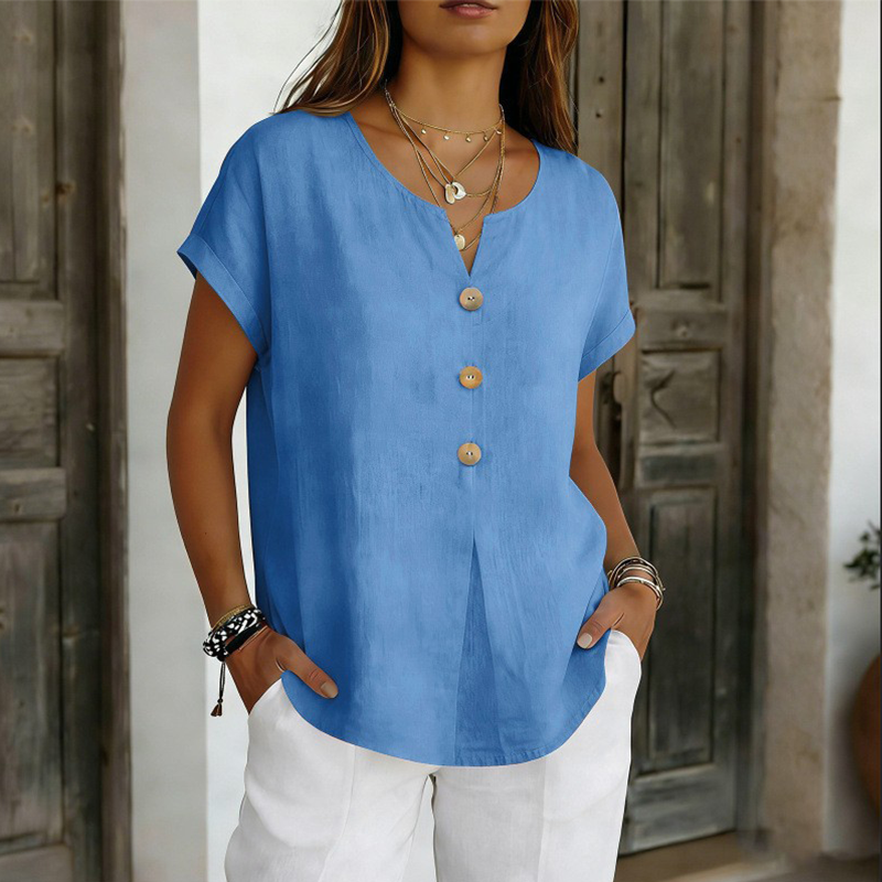 T-shirt femme col V avec boutons décoratifs