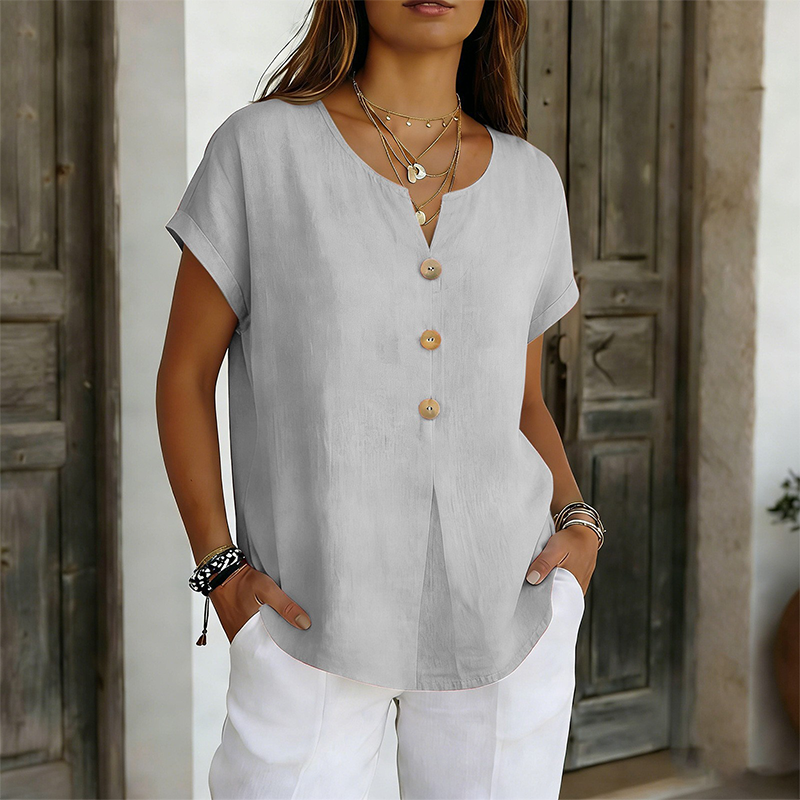 T-shirt femme col V avec boutons décoratifs