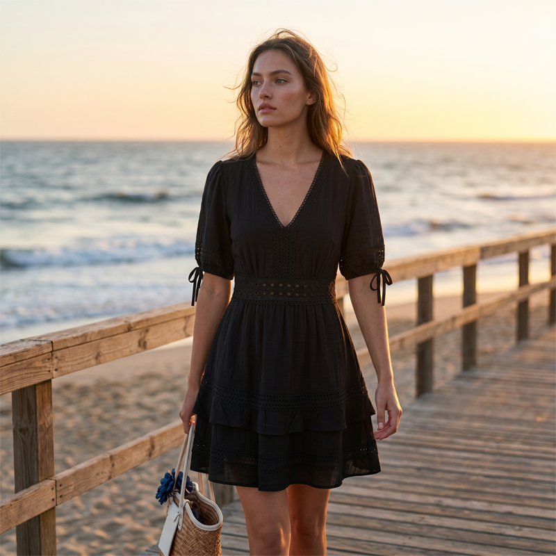 Robe courte femme col V avec dentelle et volants
