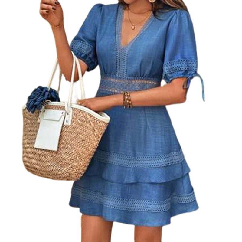 Robe courte femme col V avec dentelle et volants