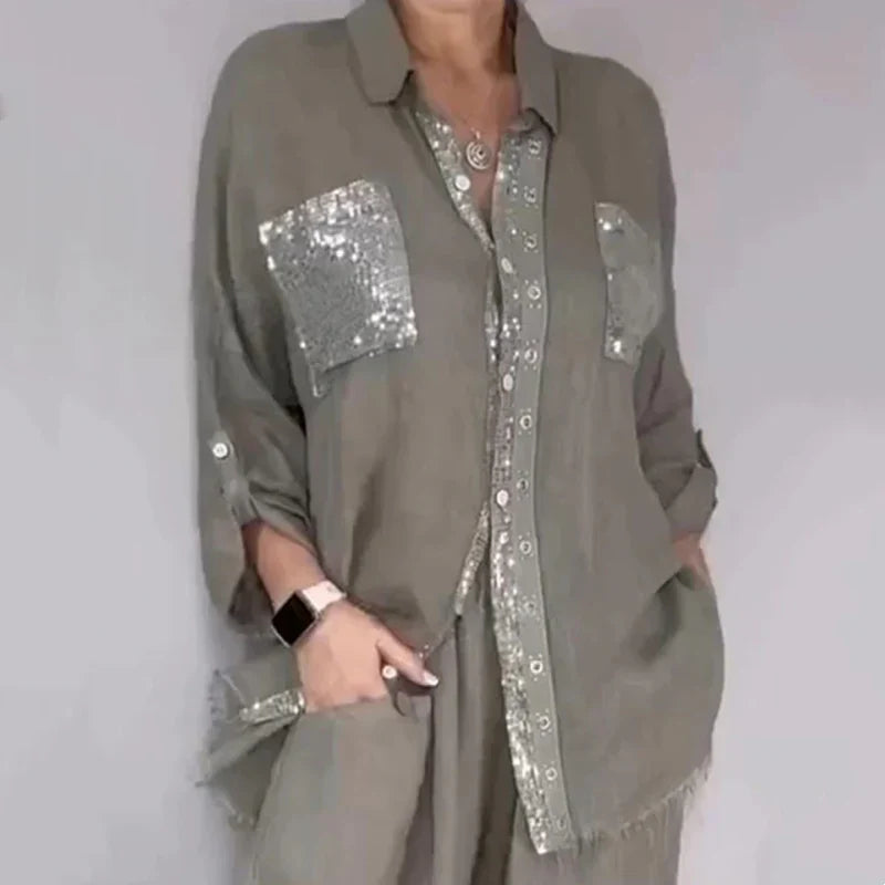 Ensemble femme blouse fluide et pantalon large à détails pailletés