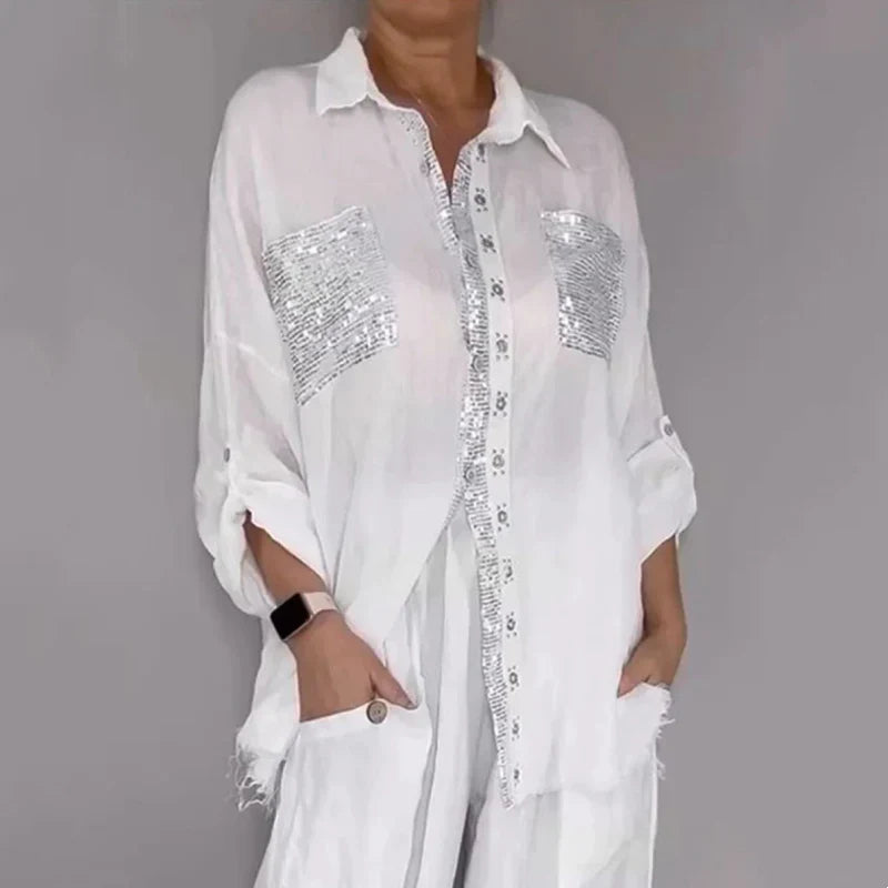 Ensemble femme blouse fluide et pantalon large à détails pailletés
