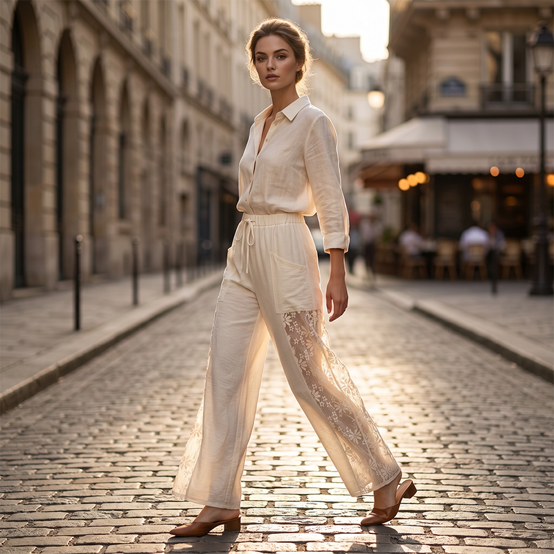 Pantalon femme fluide noir avec dentelle florale et cordon