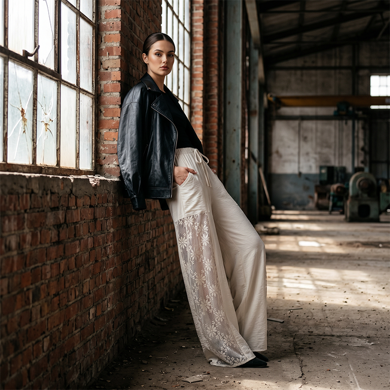 Pantalon femme fluide noir avec dentelle florale et cordon