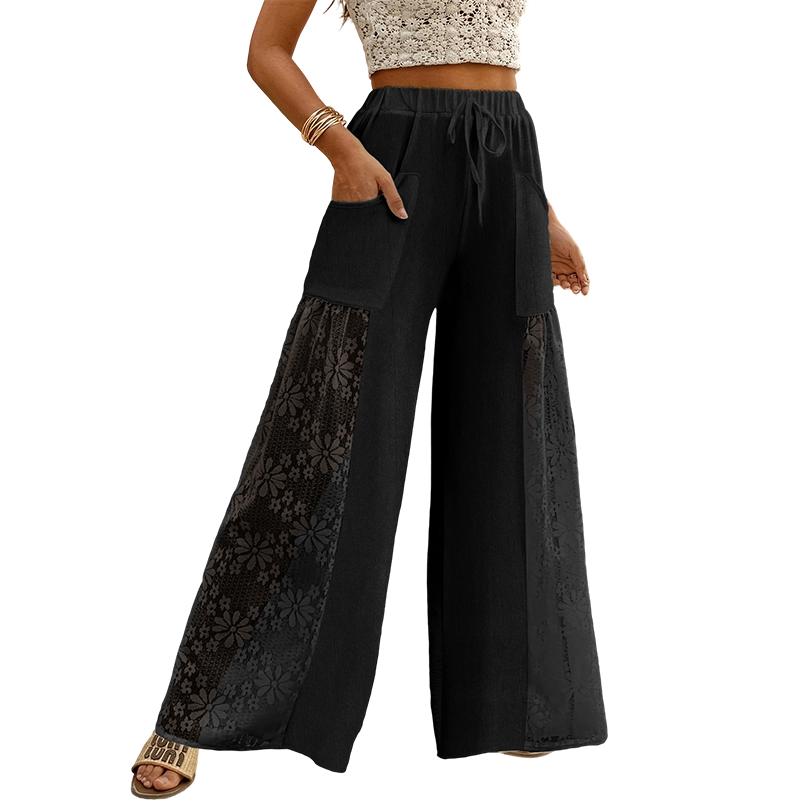 Pantalon femme fluide noir avec dentelle florale et cordon