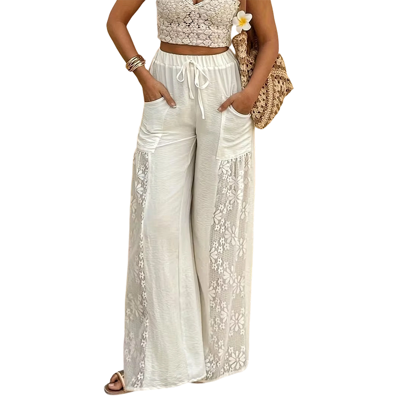 Pantalon femme fluide noir avec dentelle florale et cordon