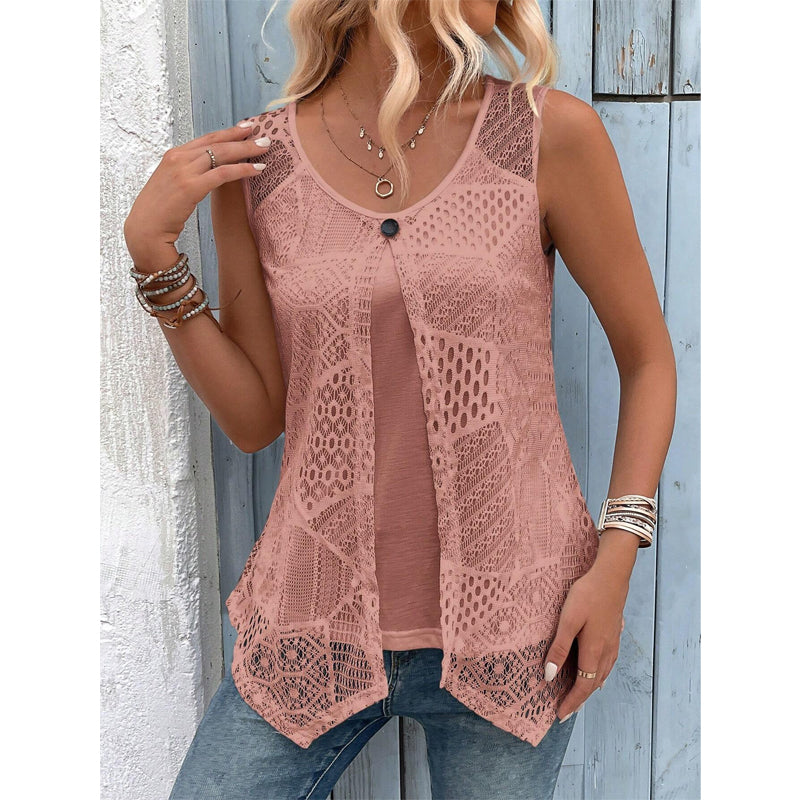 Gilet femme sans manches au crochet ajouré avec bouton