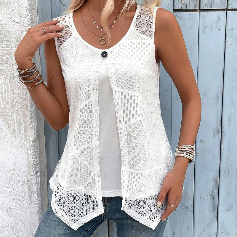 Gilet femme sans manches au crochet ajouré avec bouton