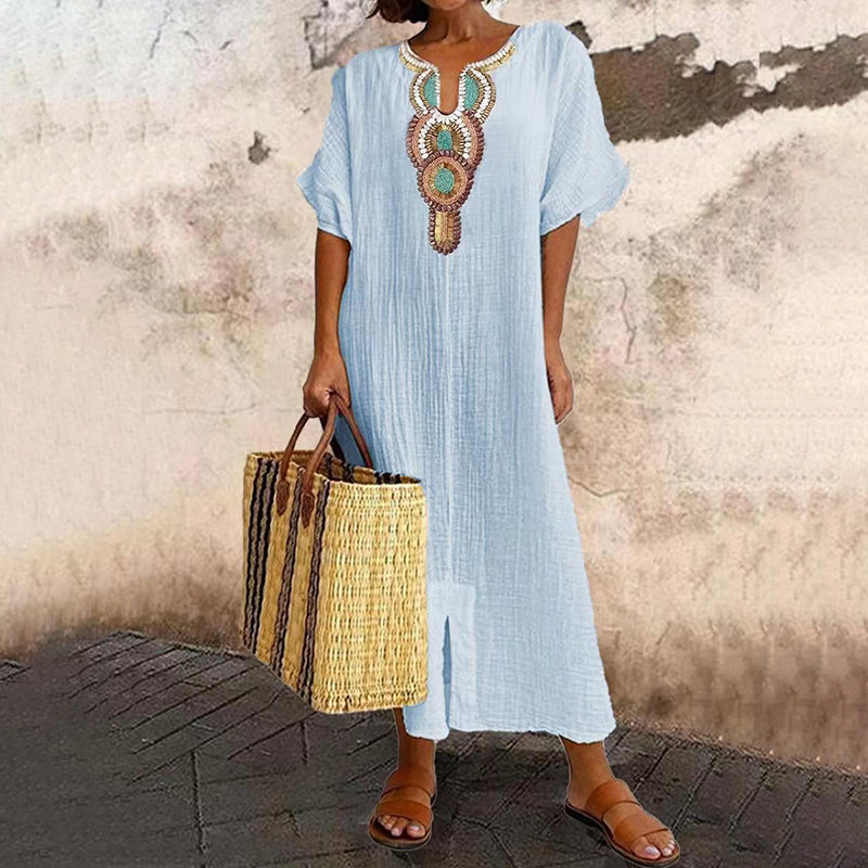 Robe maxi femme brodée style bohème à col V