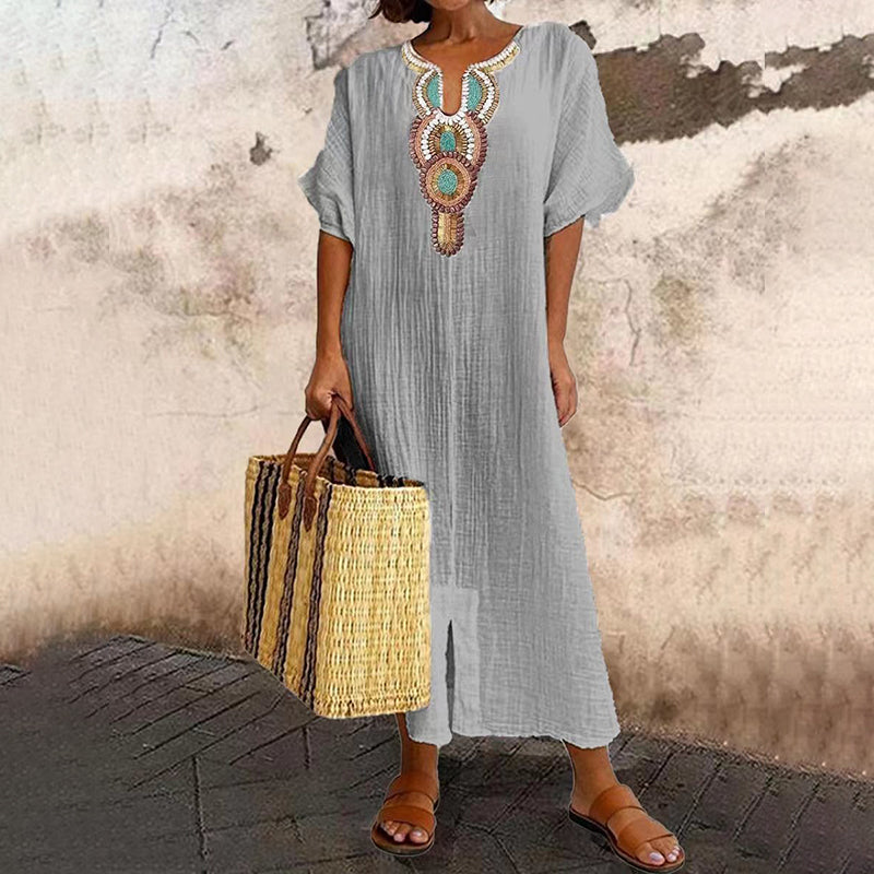 Robe maxi femme brodée style bohème à col V