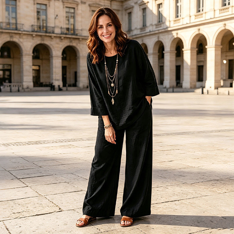 Ensemble femme deux pièces effet lin avec pantalon large