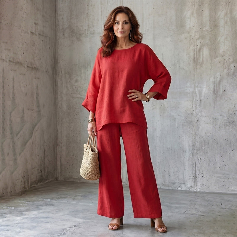 Ensemble femme deux pièces effet lin avec pantalon large