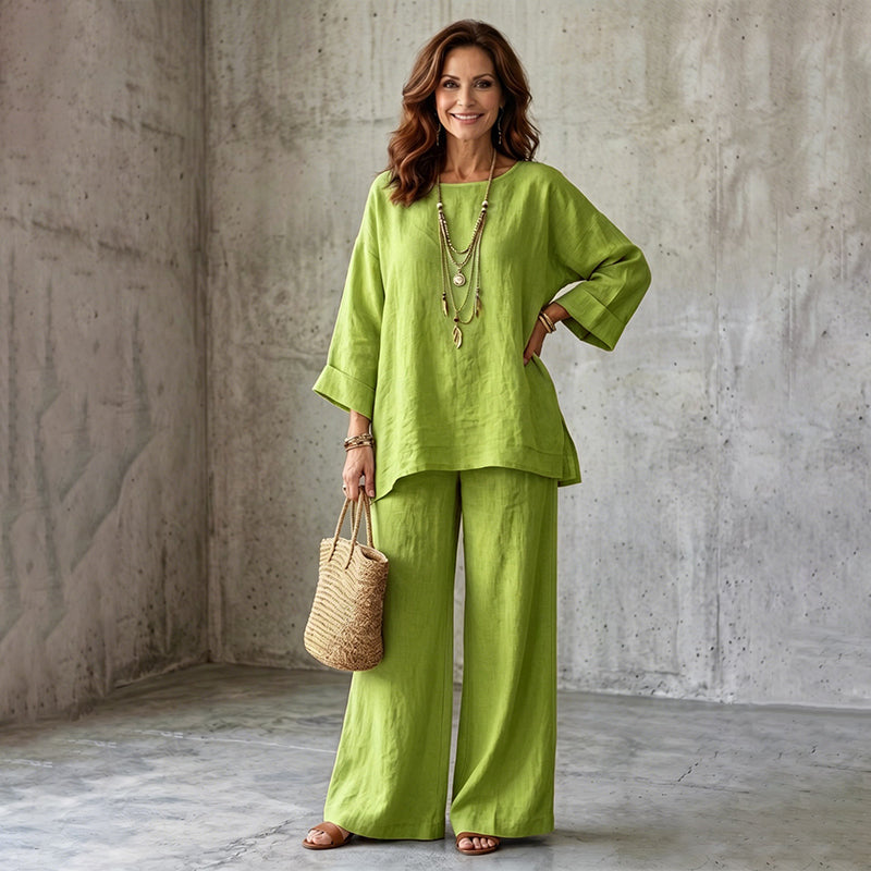 Ensemble femme deux pièces effet lin avec pantalon large