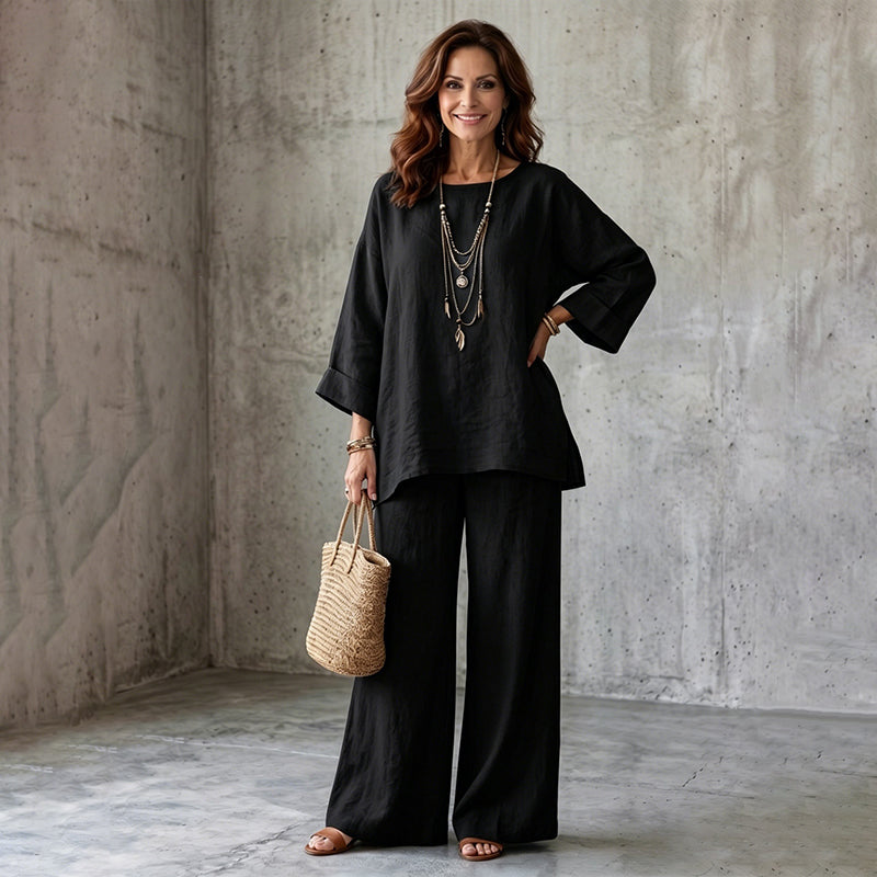Ensemble femme deux pièces effet lin avec pantalon large