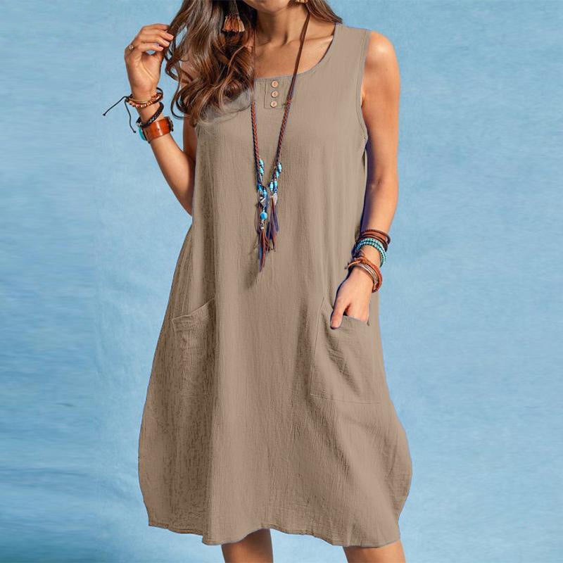 Robe sans manches femme coton-lin avec poches