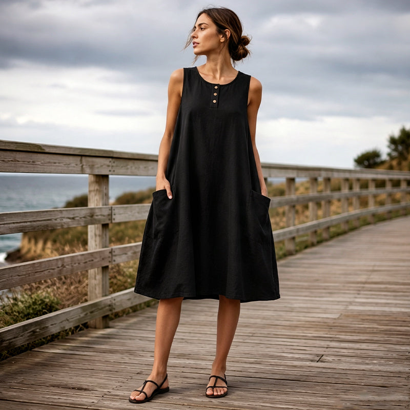 Robe sans manches femme coton-lin avec poches