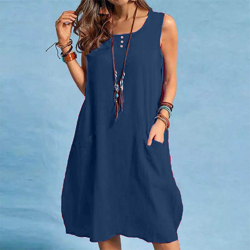 Robe sans manches femme coton-lin avec poches