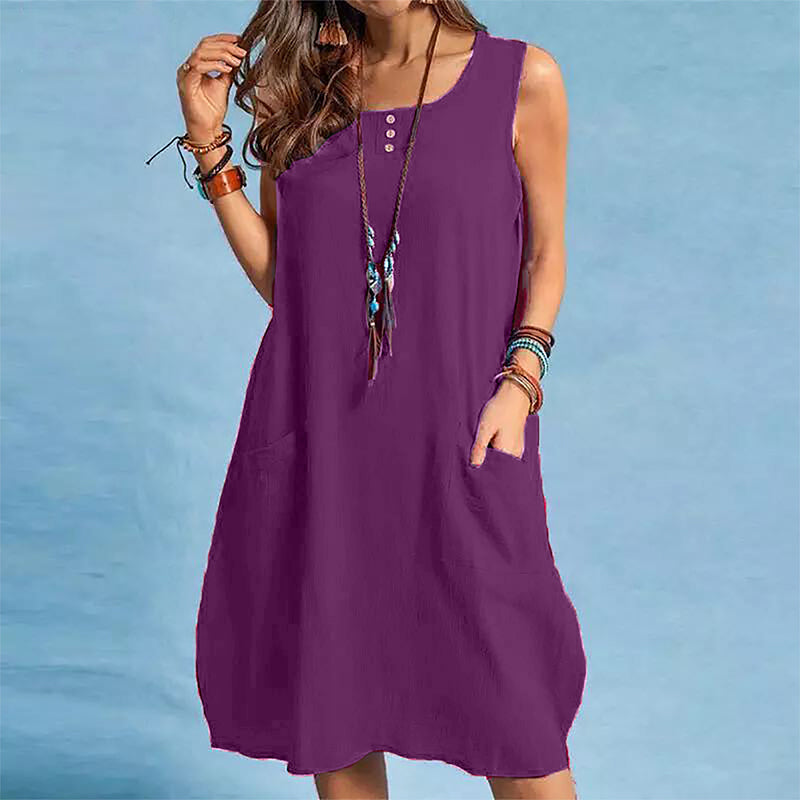 Robe sans manches femme coton-lin avec poches
