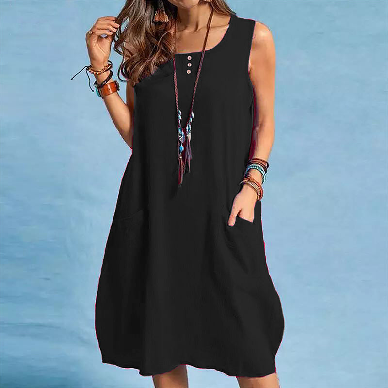 Robe sans manches femme coton-lin avec poches