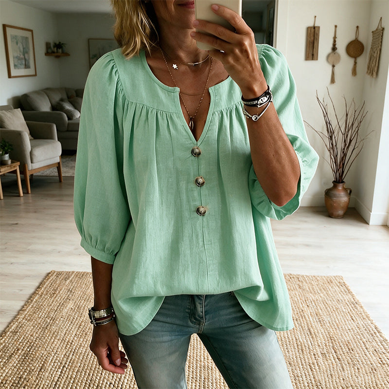 Blouse femme col V avec manches 3/4 boutonnées