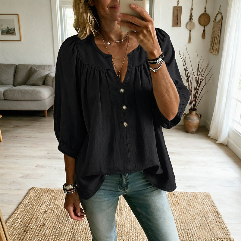 Blouse femme col V avec manches 3/4 boutonnées