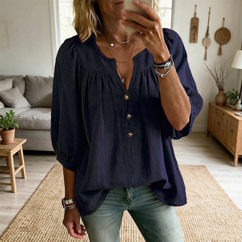Blouse femme col V avec manches 3/4 boutonnées