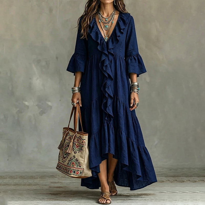 Robe midi femme bohème à volants avec col V