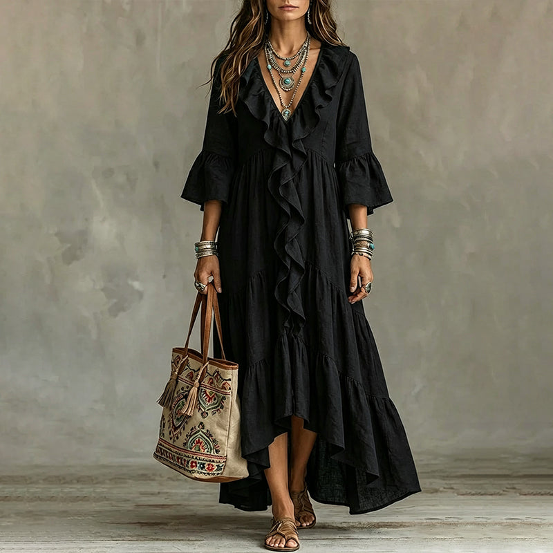 Robe midi femme bohème à volants avec col V