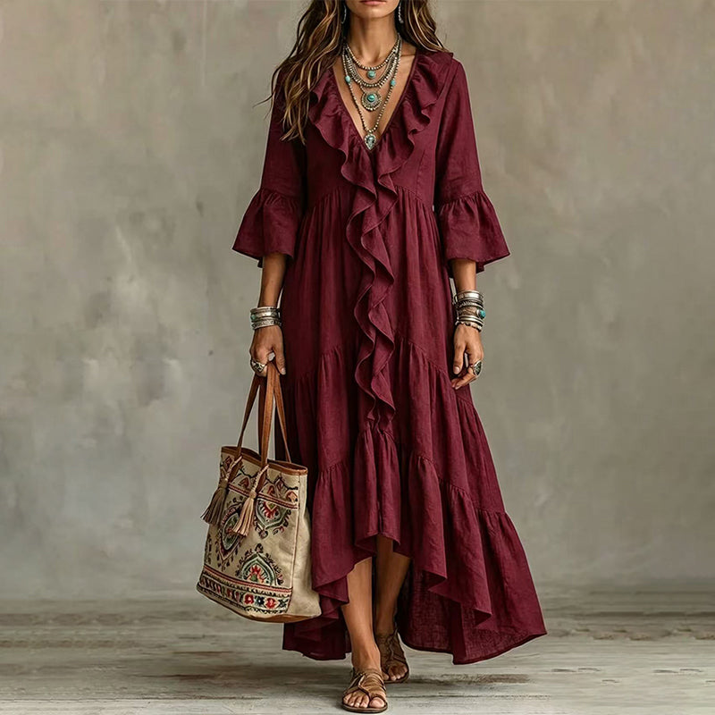 Robe midi femme bohème à volants avec col V